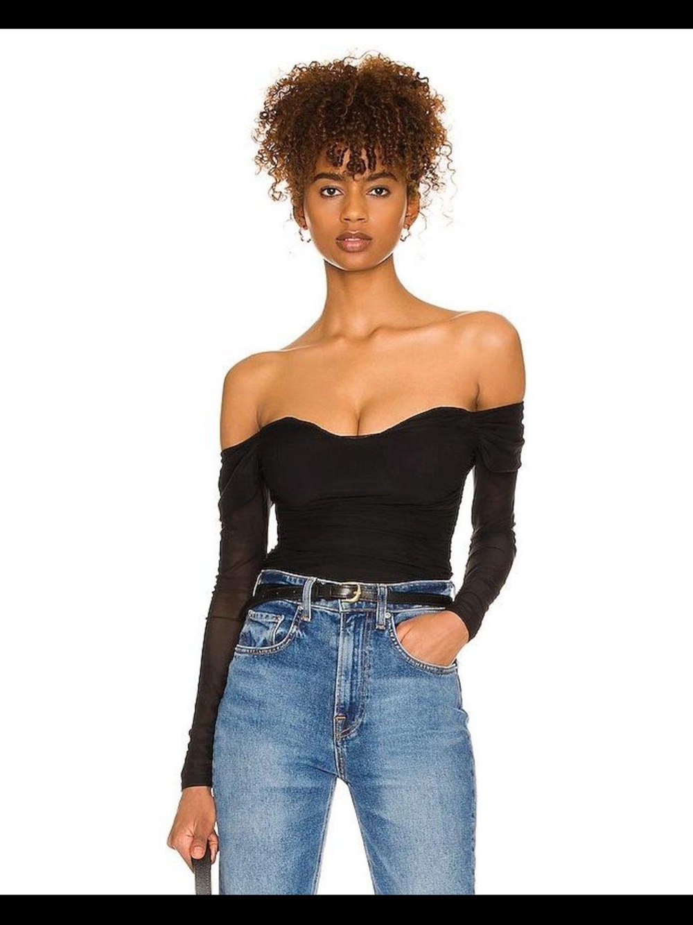 MAJORELLE Constance Black Off Shoulder Ruched Mesh Top